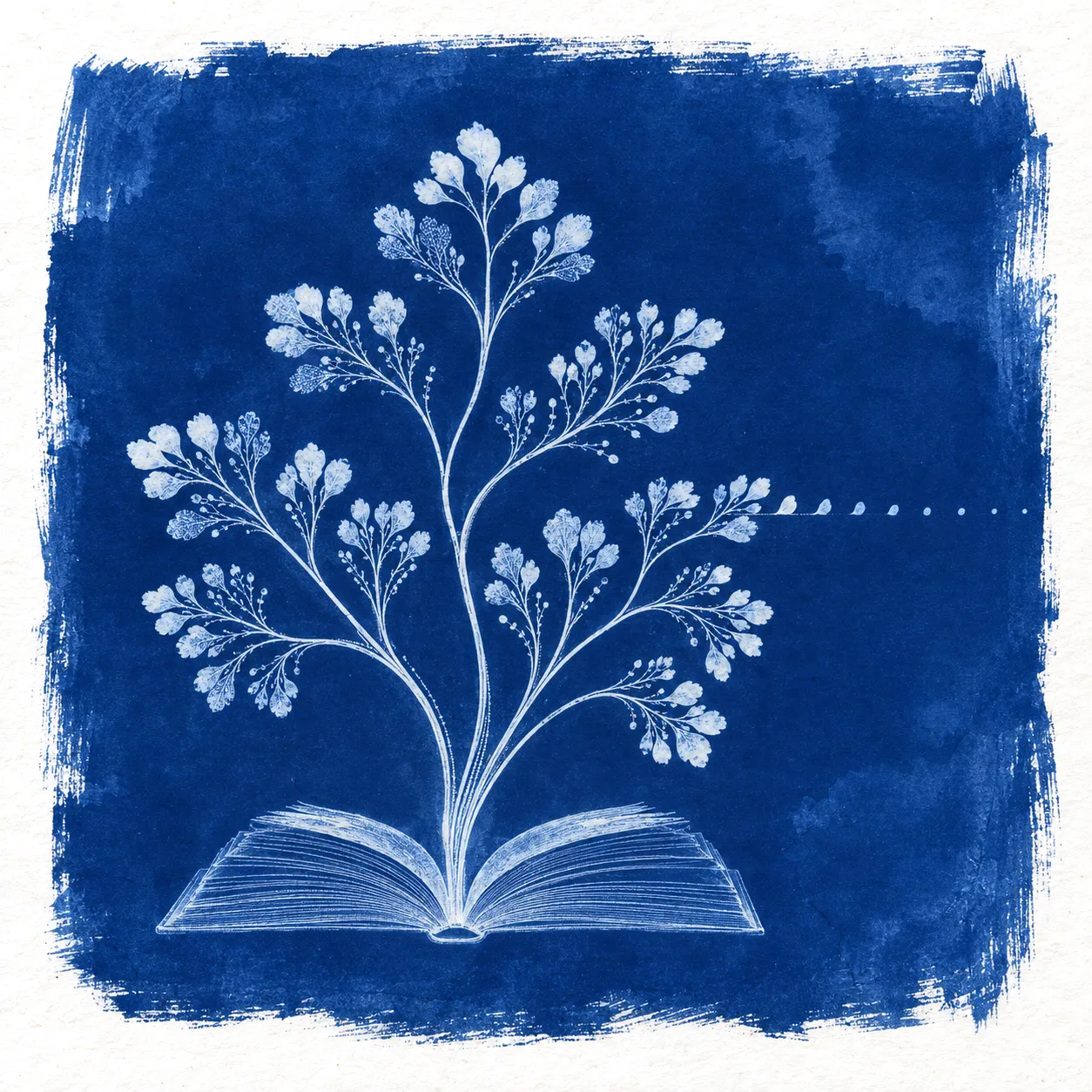 A cyanotype print of an open book whose pages branch upward into chapter stems, section fronds and small summary leaflets; a few leaflets drift off to the right as a row of dots.