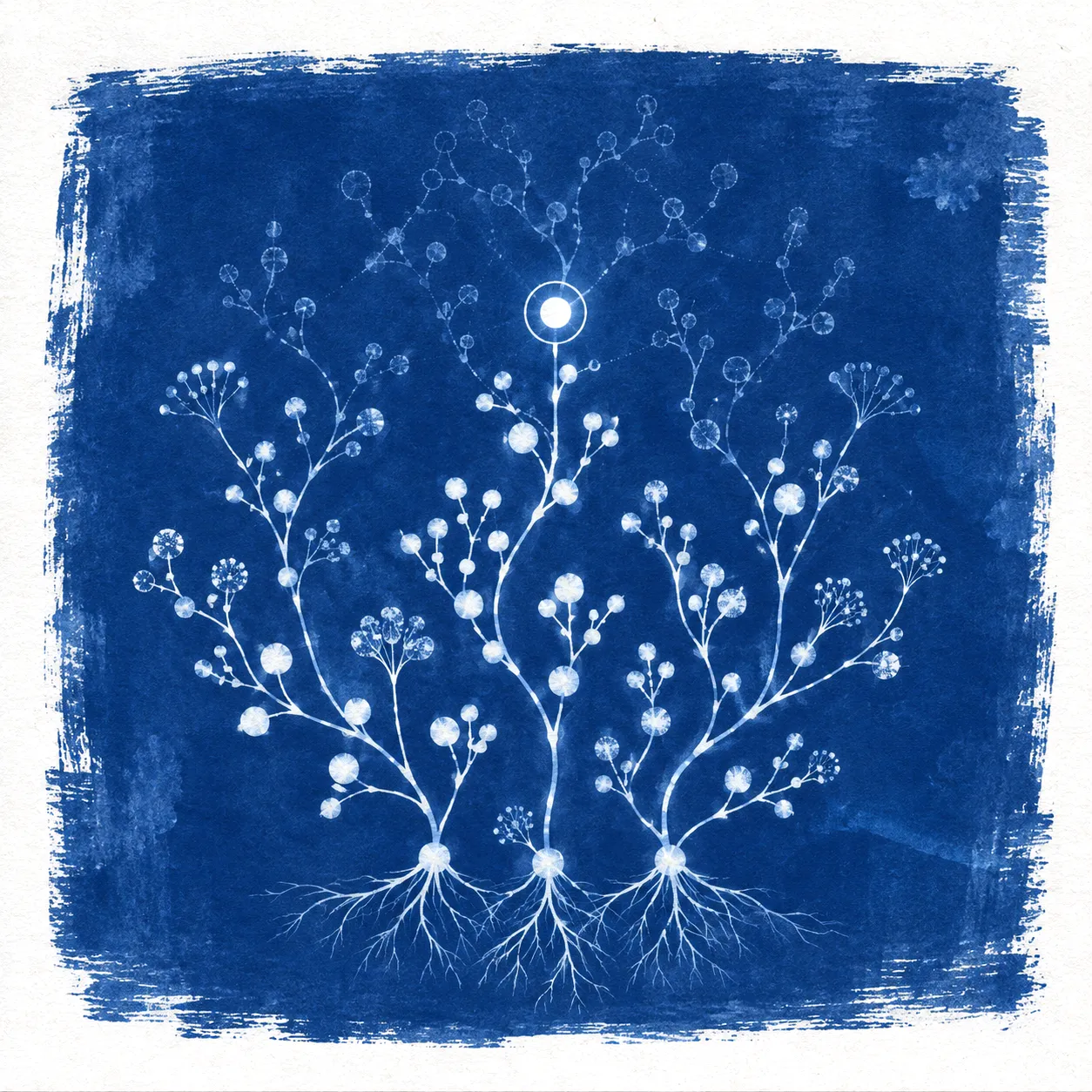A cyanotype print of a prerequisite graph drawn like a pressed fern: solid pale nodes below, faint outlines above, and one brighter ringed node at the frontier.