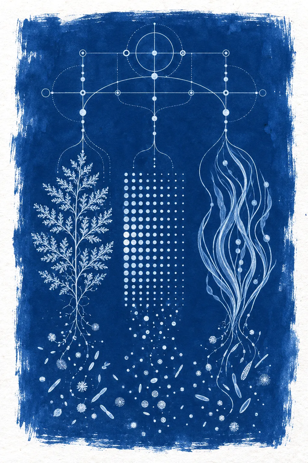 A cyanotype print: scattered pale specks at the bottom resolve into a fern-like graph, a grid of halftone dots and a bundle of strands, which feed into an open blueprint framework at the top.