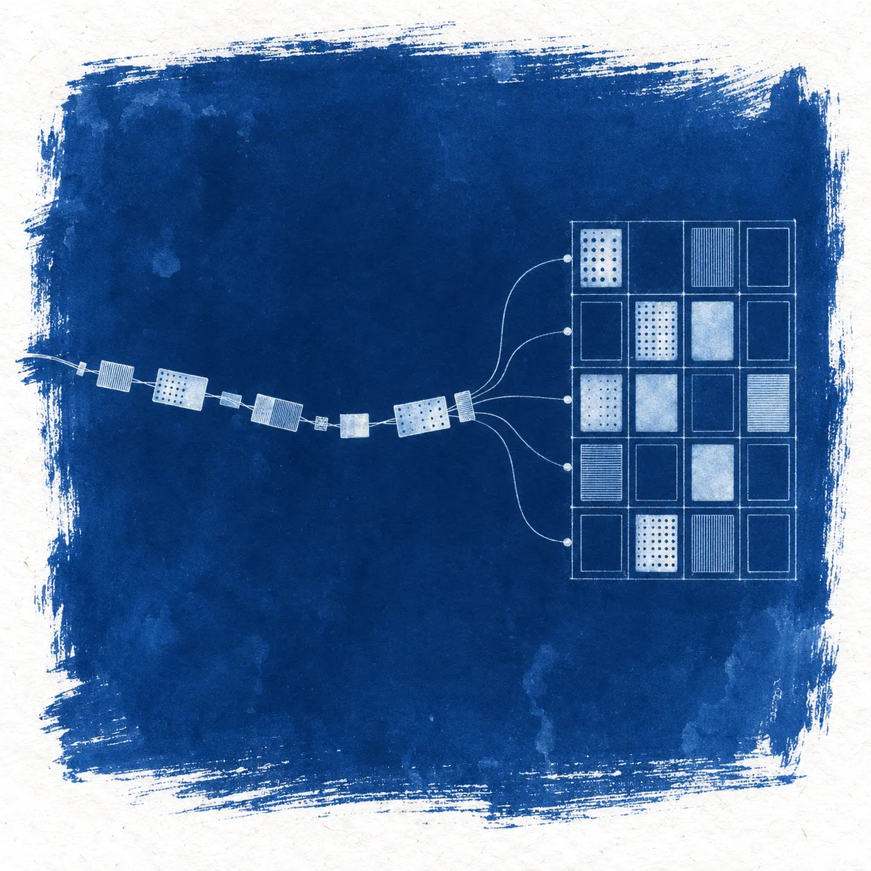 A cyanotype print of a stream of packets on a single strand flowing into a grid of memory slots, some filled pale, some still blue.