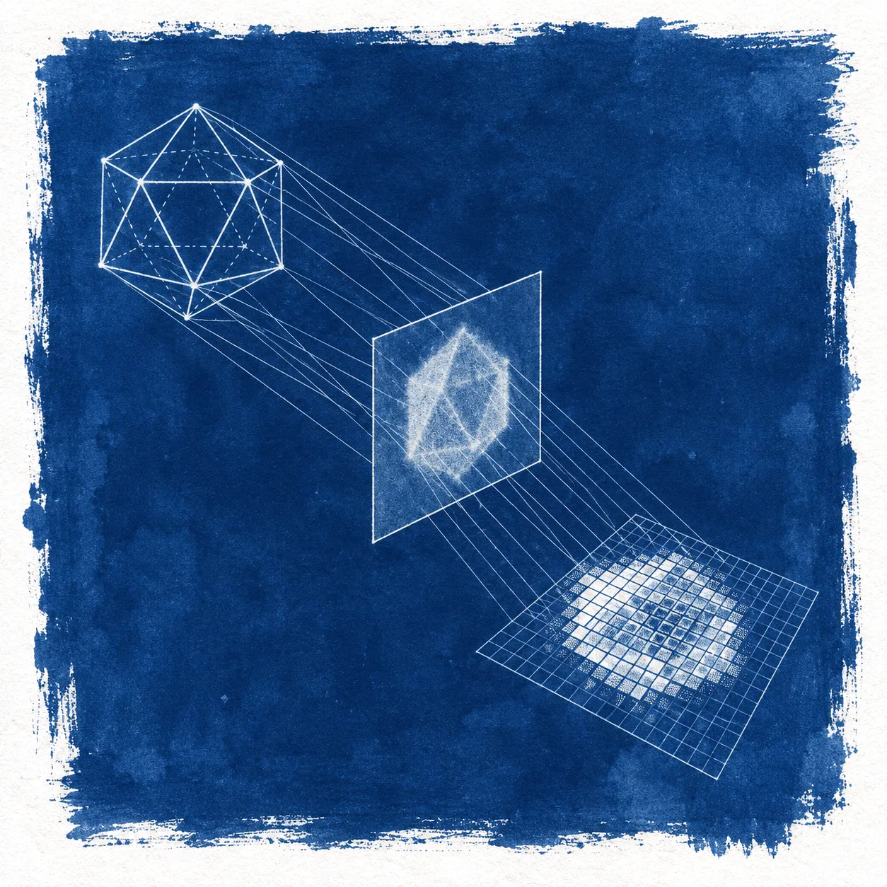 A cyanotype print of a wireframe icosahedron whose projection rays pass through a picture plane and clear a silhouette of pixels in a coarse grid.